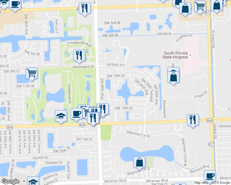 map of restaurants, bars, coffee shops, grocery stores, and more near 1301 Southwest 87th Way in Pembroke Pines