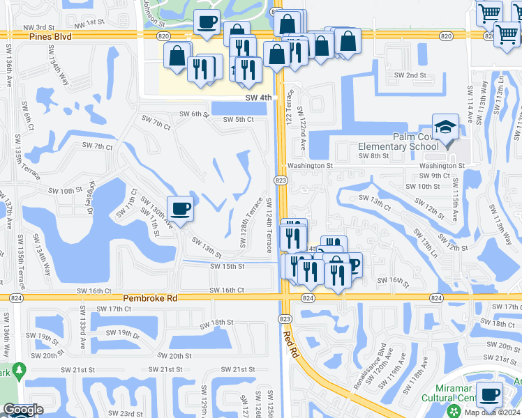 map of restaurants, bars, coffee shops, grocery stores, and more near 1200 Southwest 124th Terrace in Pembroke Pines