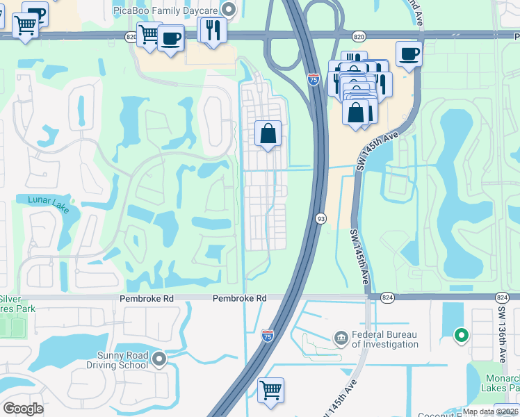 map of restaurants, bars, coffee shops, grocery stores, and more near 14706 Southwest 12th Street in Pembroke Pines