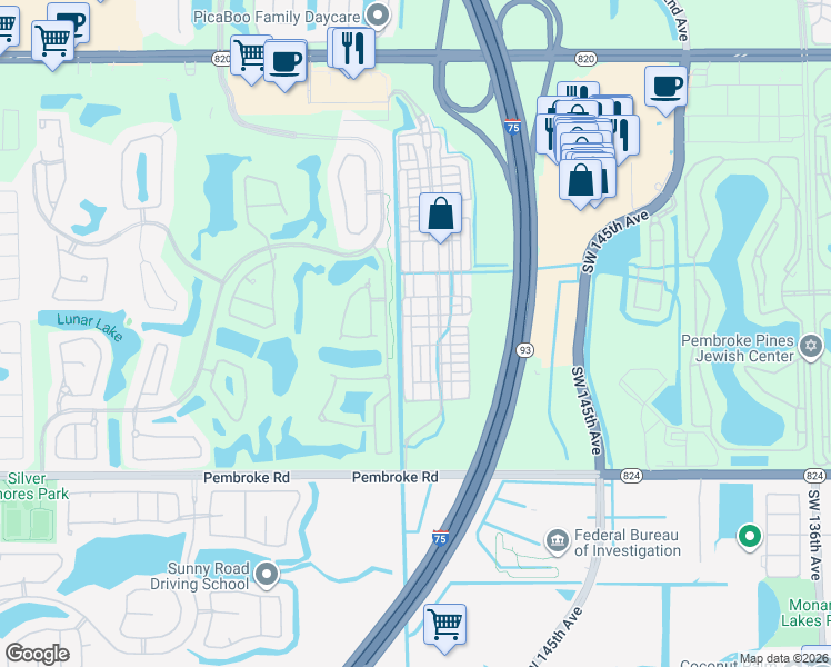 map of restaurants, bars, coffee shops, grocery stores, and more near 14706 Southwest 12th Street in Pembroke Pines