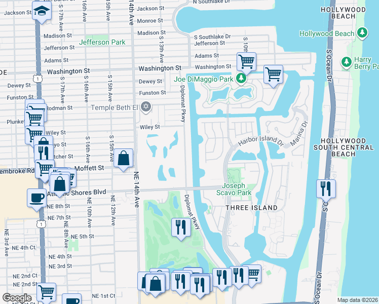 map of restaurants, bars, coffee shops, grocery stores, and more near 1601 Diplomat Parkway in Hollywood