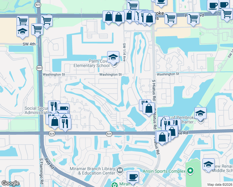 map of restaurants, bars, coffee shops, grocery stores, and more near 1111 Southwest 115th Avenue in Pembroke Pines