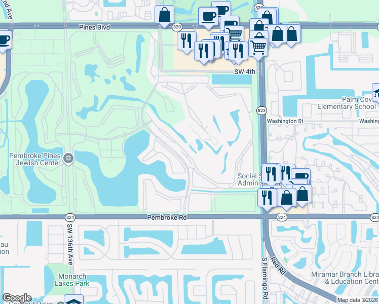 map of restaurants, bars, coffee shops, grocery stores, and more near 1151 Southwest 128th Terrace in Pembroke Pines