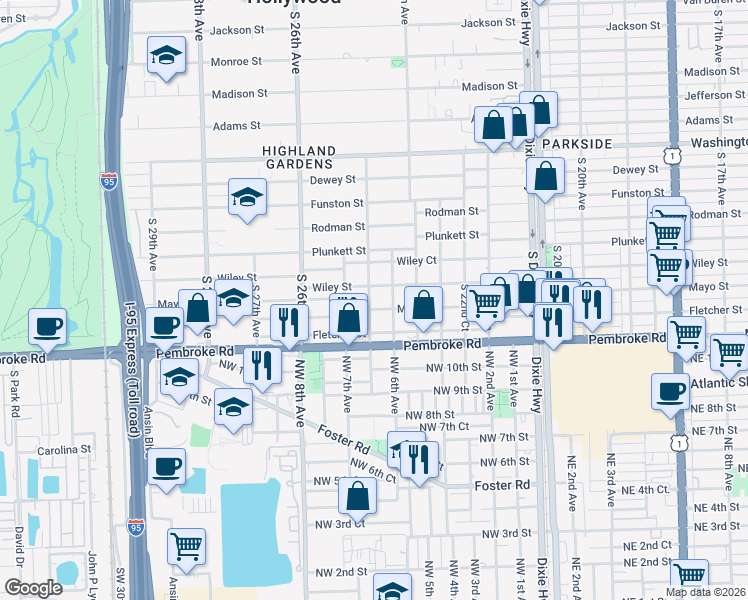 map of restaurants, bars, coffee shops, grocery stores, and more near 1519 South 24th Terrace in Hollywood