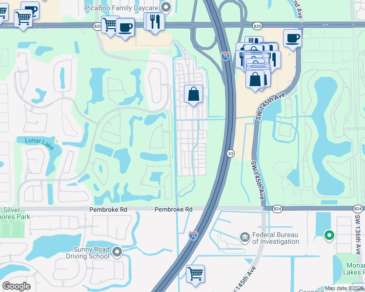 map of restaurants, bars, coffee shops, grocery stores, and more near 14706 Southwest 12th Street in Pembroke Pines