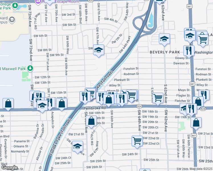 map of restaurants, bars, coffee shops, grocery stores, and more near 9450 Wiley Street in Hollywood