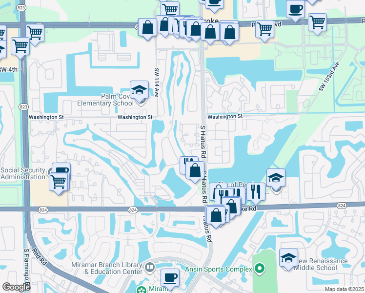 map of restaurants, bars, coffee shops, grocery stores, and more near 11326 Southwest 11th Street in Pembroke Pines