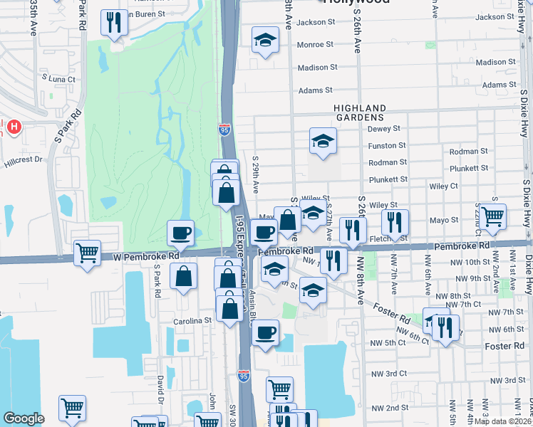 map of restaurants, bars, coffee shops, grocery stores, and more near 2839 Mayo Street in Hollywood