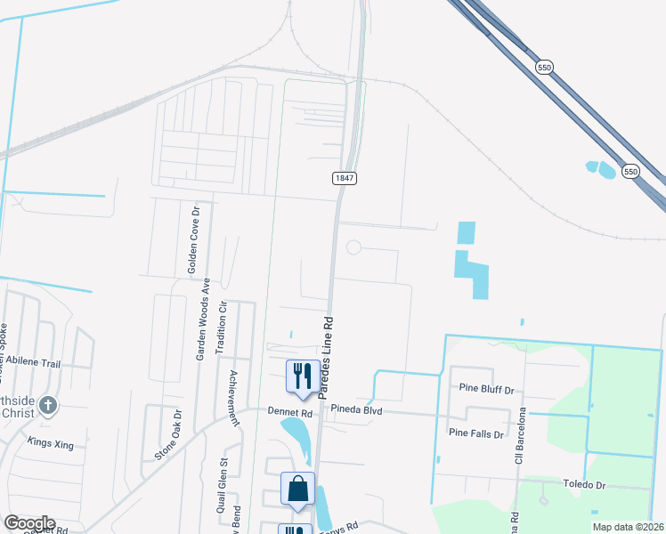 map of restaurants, bars, coffee shops, grocery stores, and more near Paredes Line Road in Brownsville