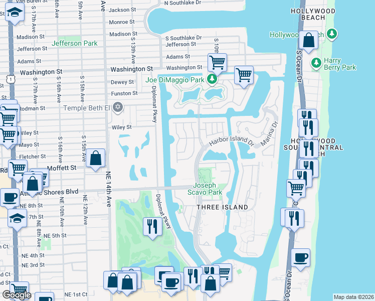 map of restaurants, bars, coffee shops, grocery stores, and more near 1597 Mariner Way in Hollywood