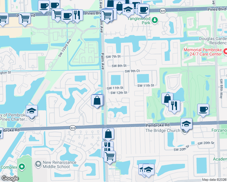 map of restaurants, bars, coffee shops, grocery stores, and more near 10041 Southwest 12th Street in Pembroke Pines