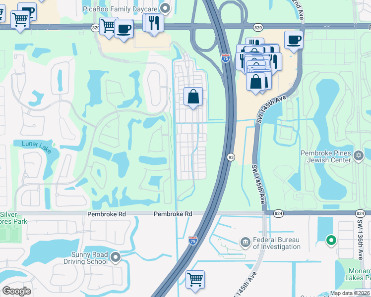 map of restaurants, bars, coffee shops, grocery stores, and more near 14706 Southwest 12th Street in Pembroke Pines