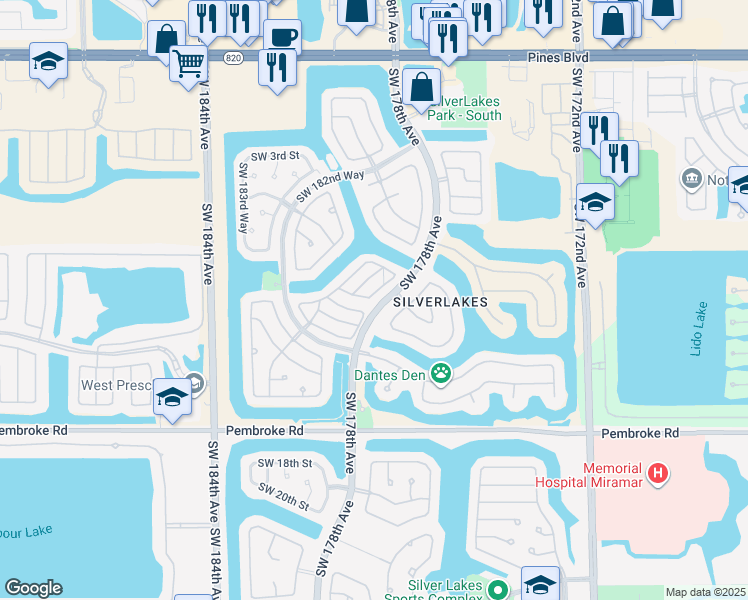 map of restaurants, bars, coffee shops, grocery stores, and more near 1040 Southwest 177th Way in Pembroke Pines