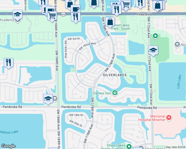 map of restaurants, bars, coffee shops, grocery stores, and more near 17885 Southwest 10th Court in Pembroke Pines