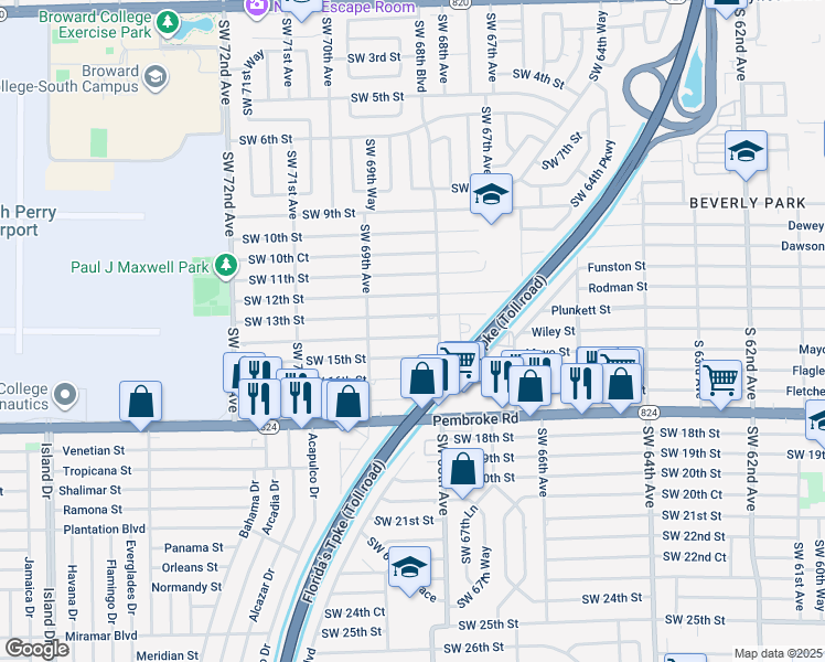 map of restaurants, bars, coffee shops, grocery stores, and more near 6825 Southwest 14th Street in Pembroke Pines