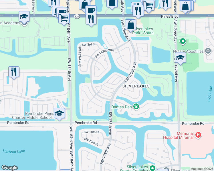 map of restaurants, bars, coffee shops, grocery stores, and more near 17885 Southwest 10th Court in Pembroke Pines