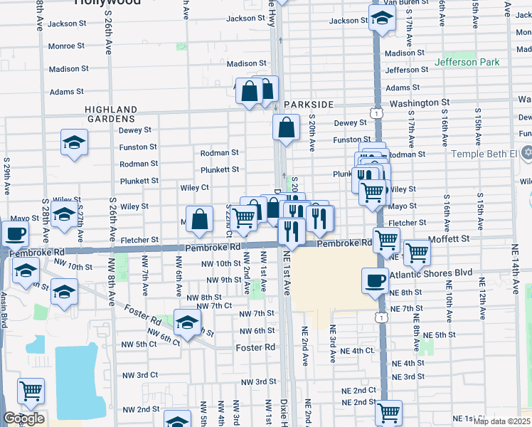 map of restaurants, bars, coffee shops, grocery stores, and more near 2106 Mayo Street in Hollywood
