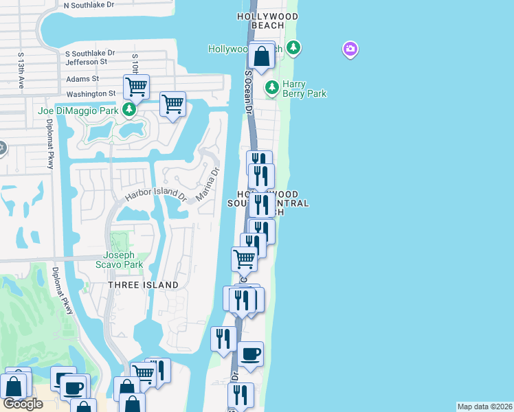 map of restaurants, bars, coffee shops, grocery stores, and more near 2401 South Ocean Drive in Hollywood