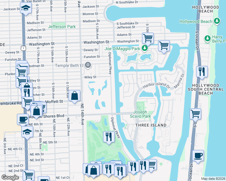 map of restaurants, bars, coffee shops, grocery stores, and more near 1601 Diplomat Parkway in Hollywood
