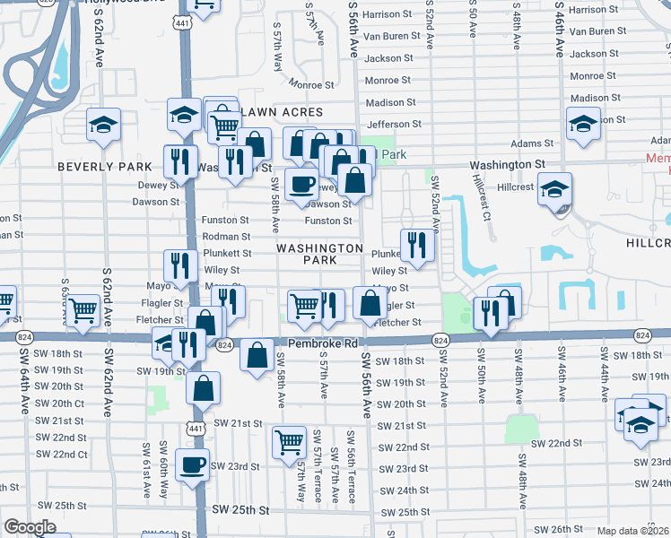 map of restaurants, bars, coffee shops, grocery stores, and more near 5648 Wiley Street in Hollywood