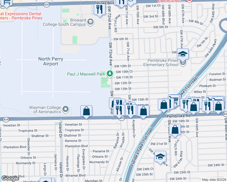 map of restaurants, bars, coffee shops, grocery stores, and more near 7161 Southwest 14th Street in Pembroke Pines