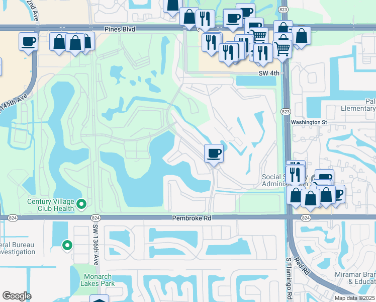 map of restaurants, bars, coffee shops, grocery stores, and more near 13300 Southwest 10th Street in Pembroke Pines