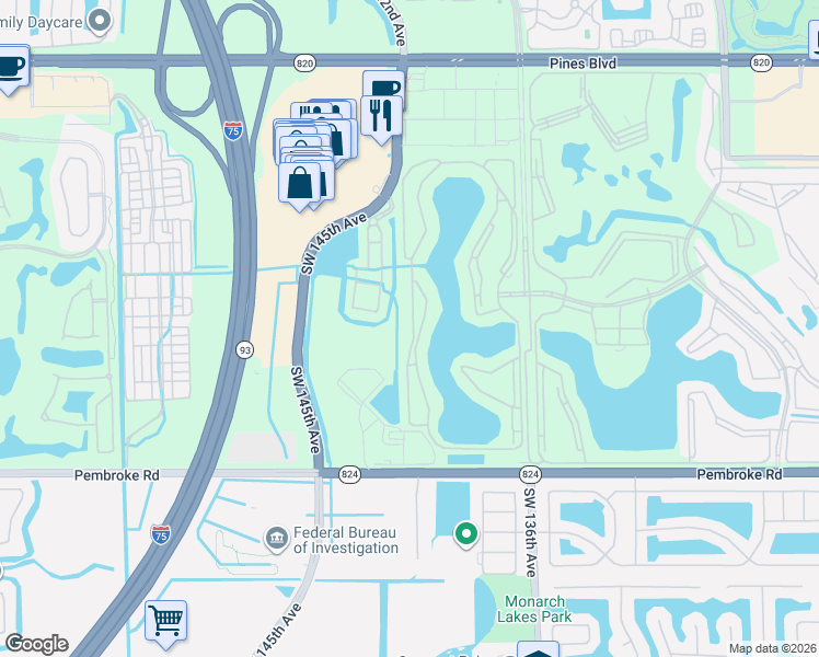 map of restaurants, bars, coffee shops, grocery stores, and more near 1001 Southwest 141st Avenue in Pembroke Pines