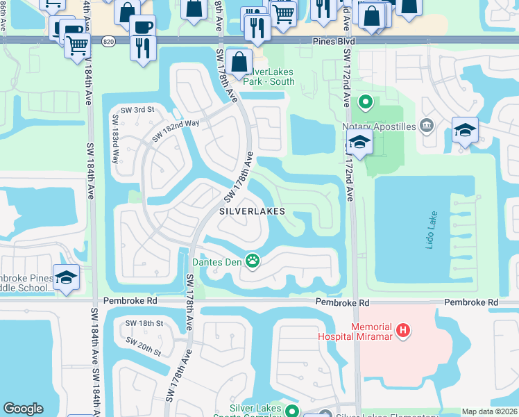 map of restaurants, bars, coffee shops, grocery stores, and more near in Pembroke Pines