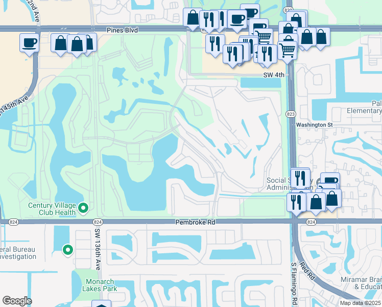 map of restaurants, bars, coffee shops, grocery stores, and more near 13300 Southwest 10th Street in Pembroke Pines