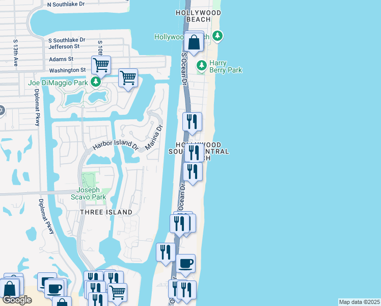 map of restaurants, bars, coffee shops, grocery stores, and more near 2401 South Ocean Drive in Hollywood