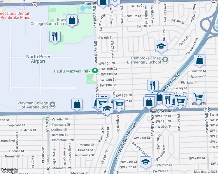 map of restaurants, bars, coffee shops, grocery stores, and more near 7101 Southwest 14th Street in Pembroke Pines