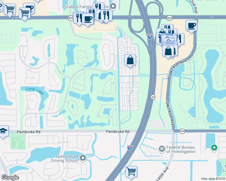 map of restaurants, bars, coffee shops, grocery stores, and more near 1221 Bel Aire Drive East in Pembroke Pines