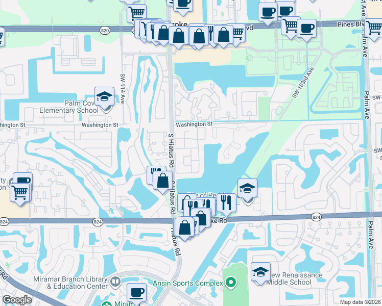 map of restaurants, bars, coffee shops, grocery stores, and more near 1141 Southwest 111th Avenue in Pembroke Pines