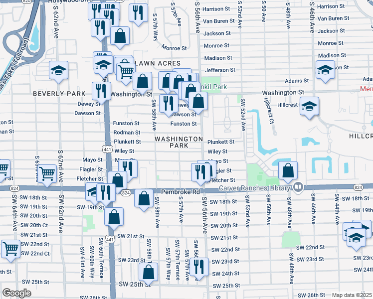map of restaurants, bars, coffee shops, grocery stores, and more near 5648 Wiley Street in Hollywood