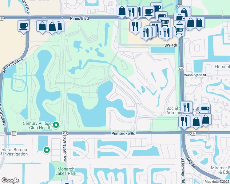 map of restaurants, bars, coffee shops, grocery stores, and more near 13300 Southwest 10th Street in Pembroke Pines