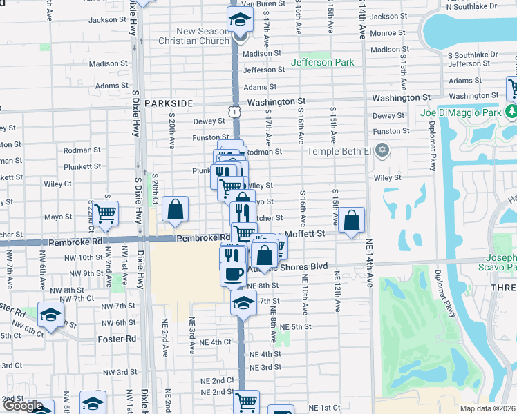 map of restaurants, bars, coffee shops, grocery stores, and more near 1733 Fletcher Street in Hollywood