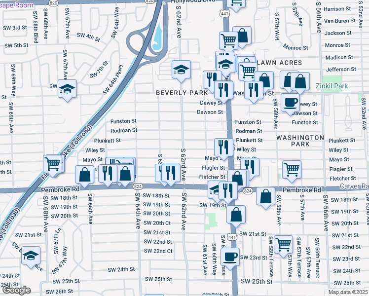map of restaurants, bars, coffee shops, grocery stores, and more near 6186 Wiley Street in Hollywood