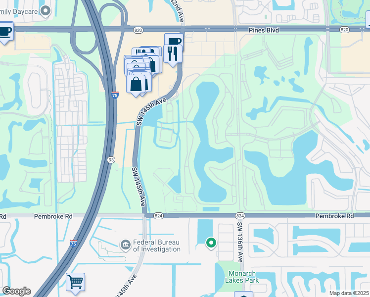 map of restaurants, bars, coffee shops, grocery stores, and more near 1001 Southwest 141st Avenue in Pembroke Pines