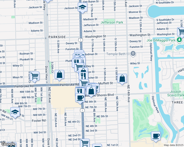 map of restaurants, bars, coffee shops, grocery stores, and more near 1517 South 17th Avenue in Hollywood