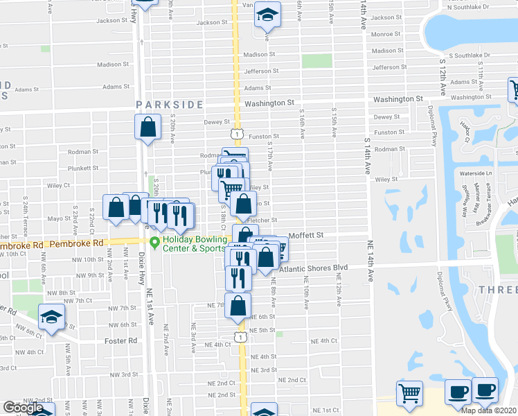 map of restaurants, bars, coffee shops, grocery stores, and more near 1733 Fletcher Street in Hollywood