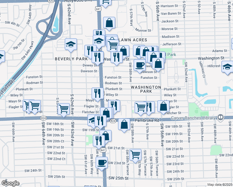 map of restaurants, bars, coffee shops, grocery stores, and more near 5850 Wiley Street in Hollywood