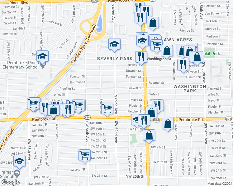 map of restaurants, bars, coffee shops, grocery stores, and more near 6186 Wiley Street in Hollywood