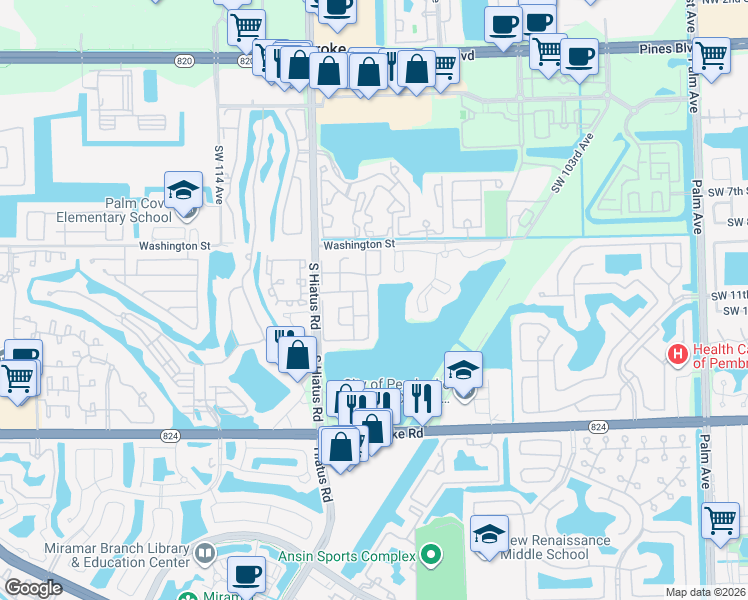 map of restaurants, bars, coffee shops, grocery stores, and more near 1161 Southwest 109th Avenue in Pembroke Pines