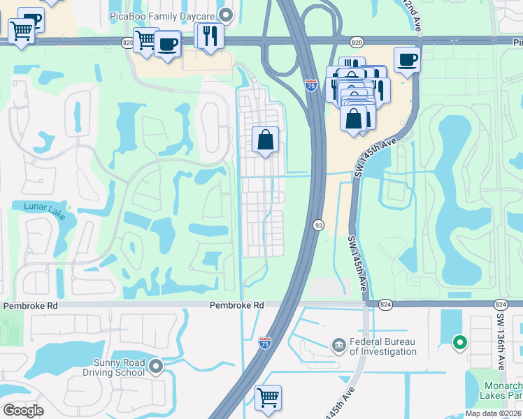 map of restaurants, bars, coffee shops, grocery stores, and more near 14706 Southwest 12th Street in Pembroke Pines