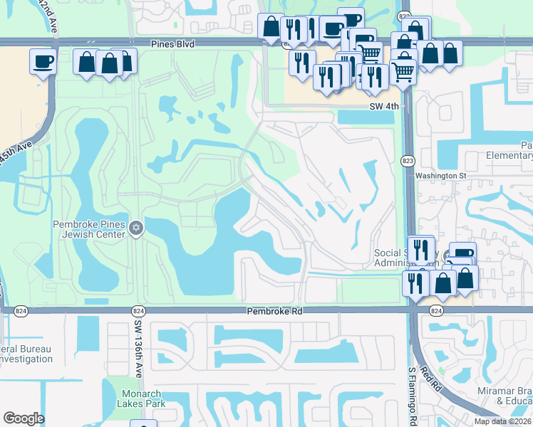 map of restaurants, bars, coffee shops, grocery stores, and more near 13300 Southwest 10th Street in Pembroke Pines