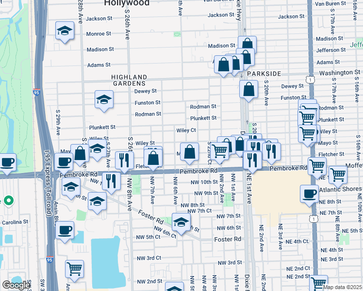 map of restaurants, bars, coffee shops, grocery stores, and more near 1528 South 24th Avenue in Hollywood