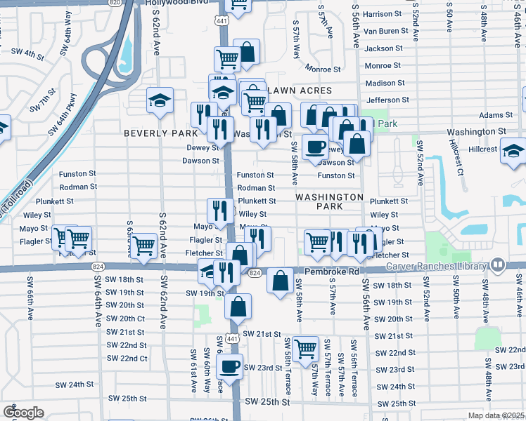 map of restaurants, bars, coffee shops, grocery stores, and more near 5850 Wiley Street in Hollywood