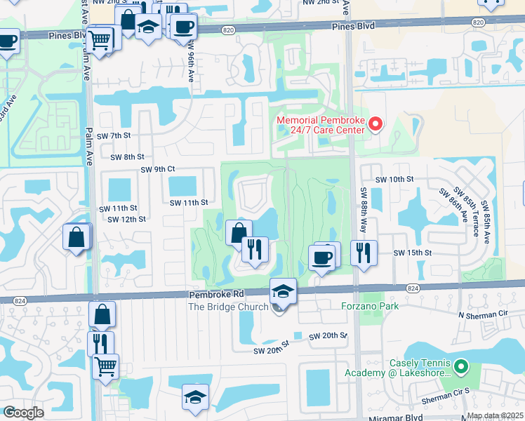 map of restaurants, bars, coffee shops, grocery stores, and more near 9500 North Hollybrook Lake Drive in Pembroke Pines