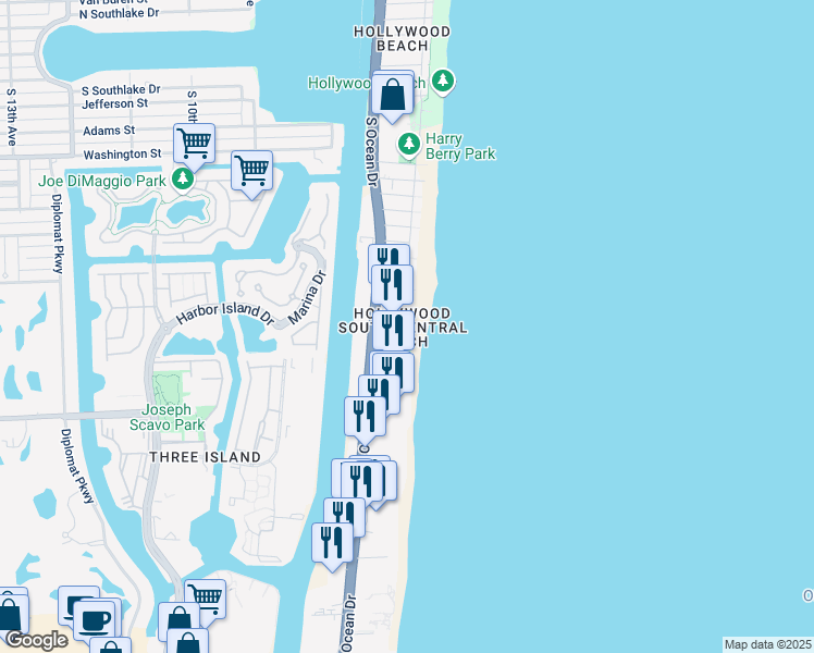 map of restaurants, bars, coffee shops, grocery stores, and more near 301 Magnolia Terrace in Hollywood