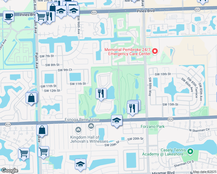 map of restaurants, bars, coffee shops, grocery stores, and more near 9500 North Hollybrook Lake Drive in Pembroke Pines